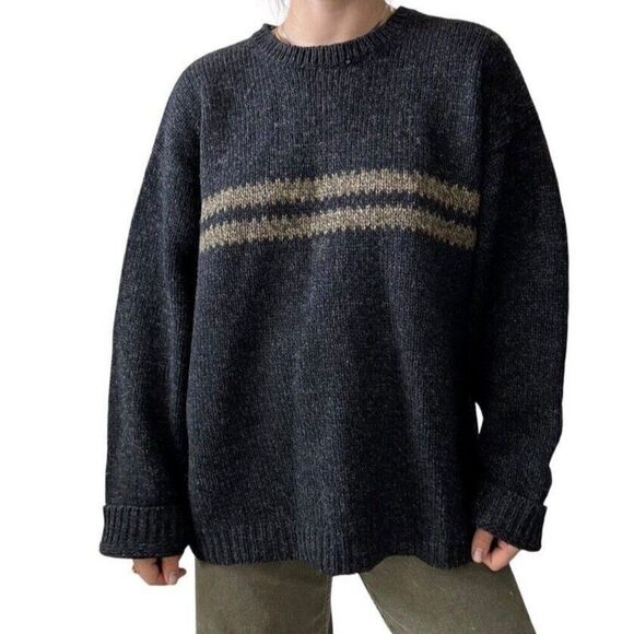 Vintage 1990s EMS Mens Wool Charcoal Gray Striped Chunky Distressed Sweater XL - Picture 3 of 10